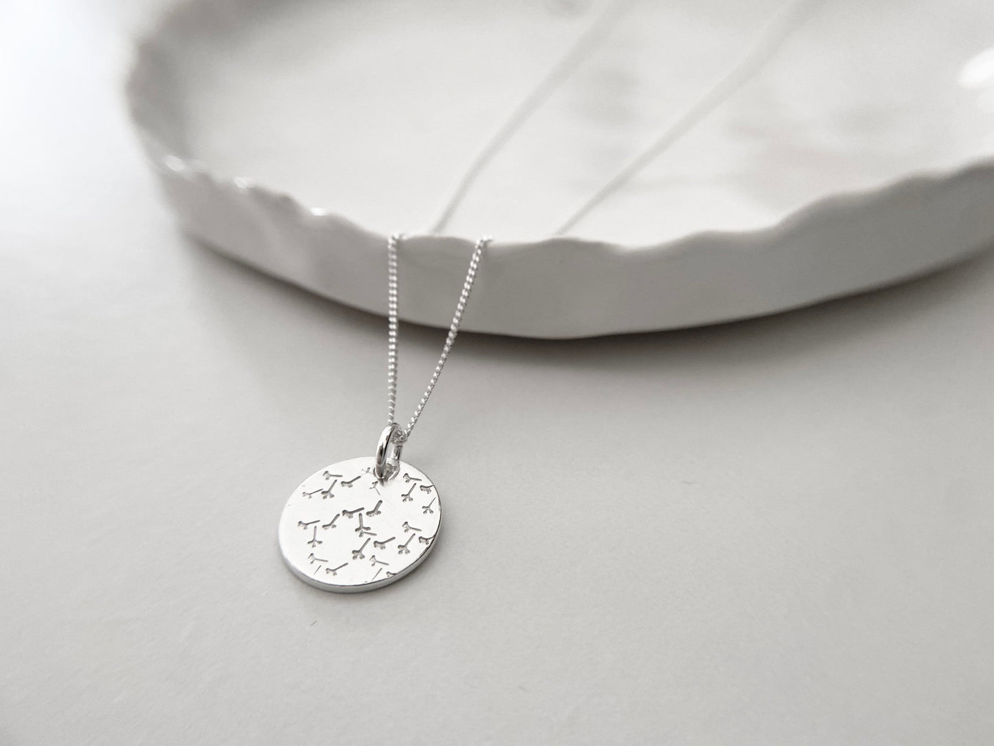 Silver Dandelion Disc Pendant Necklace