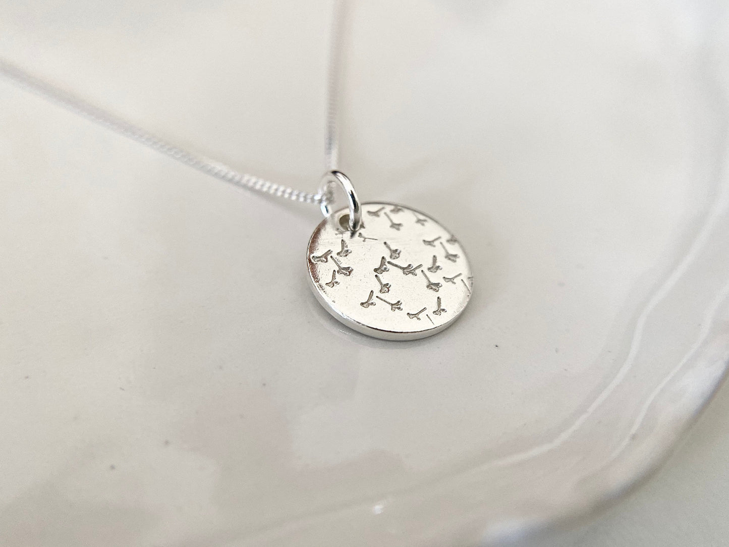Silver Dandelion Disc Pendant Necklace