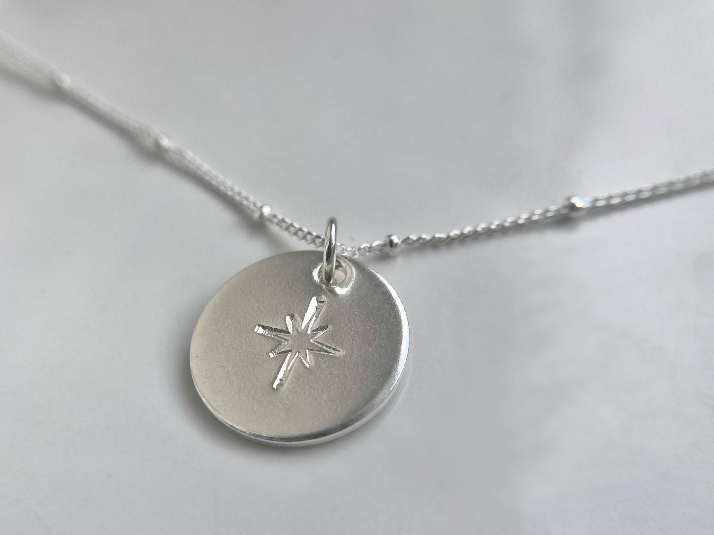 Silver North Star Disc Necklace with Satellite Chain
