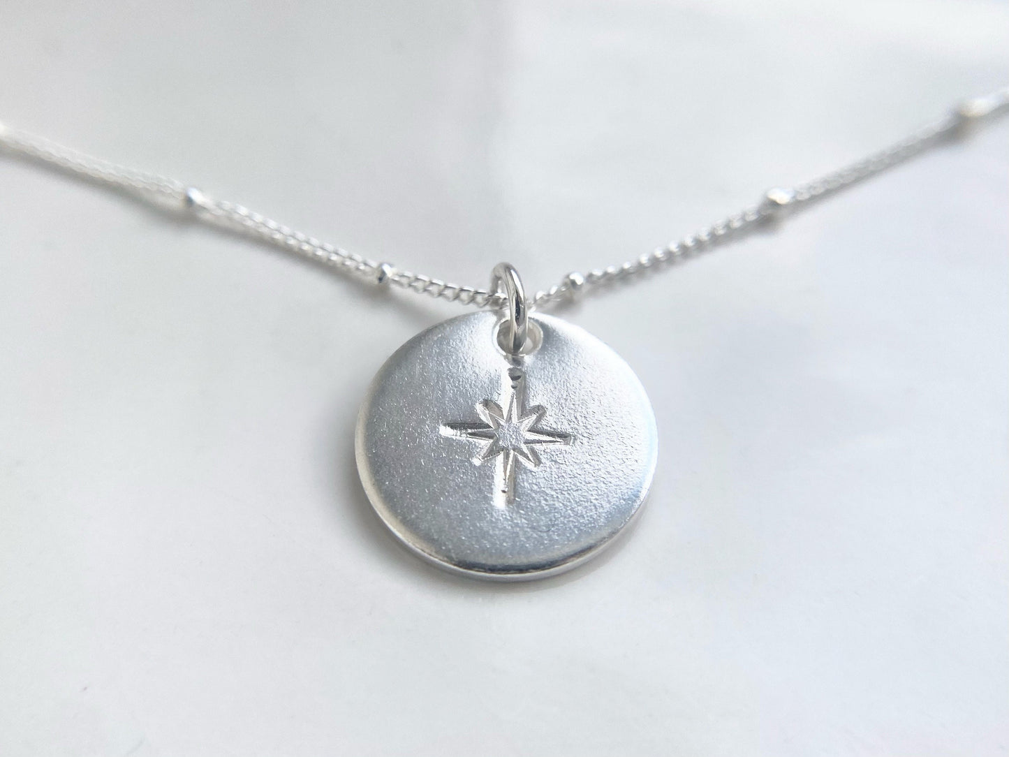 Silver North Star Disc Necklace with Satellite Chain