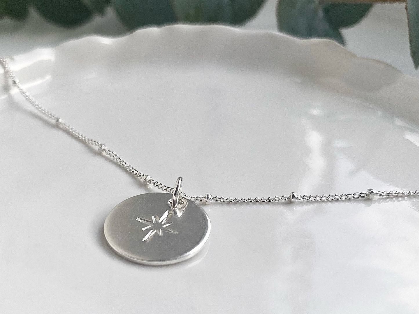 Silver North Star Disc Necklace with Satellite Chain