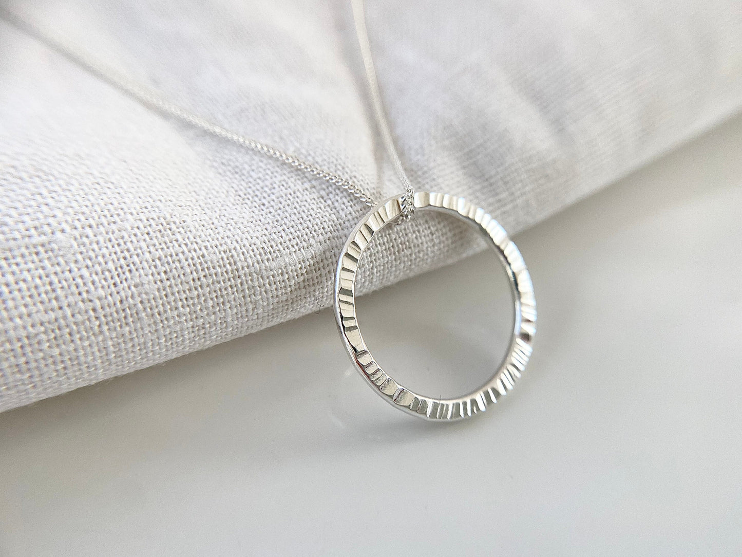 Sterling Silver Line Texture Circle Necklace