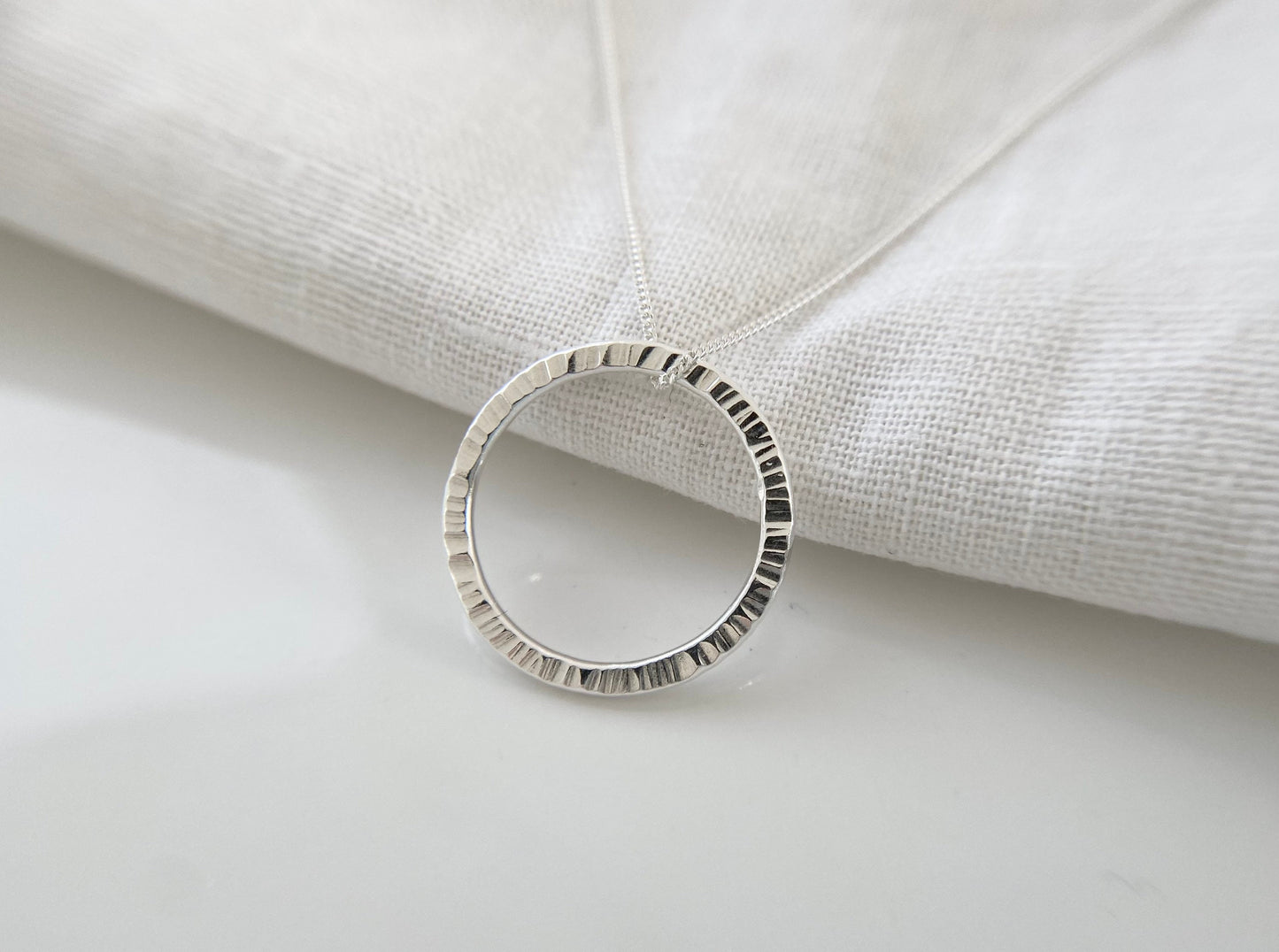 Sterling Silver Line Texture Circle Necklace