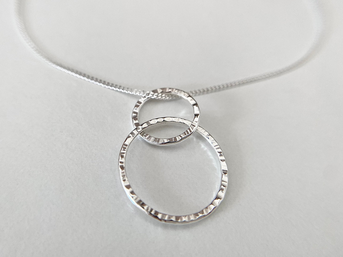 Silver Linked Double Circle Necklace with Line Texture
