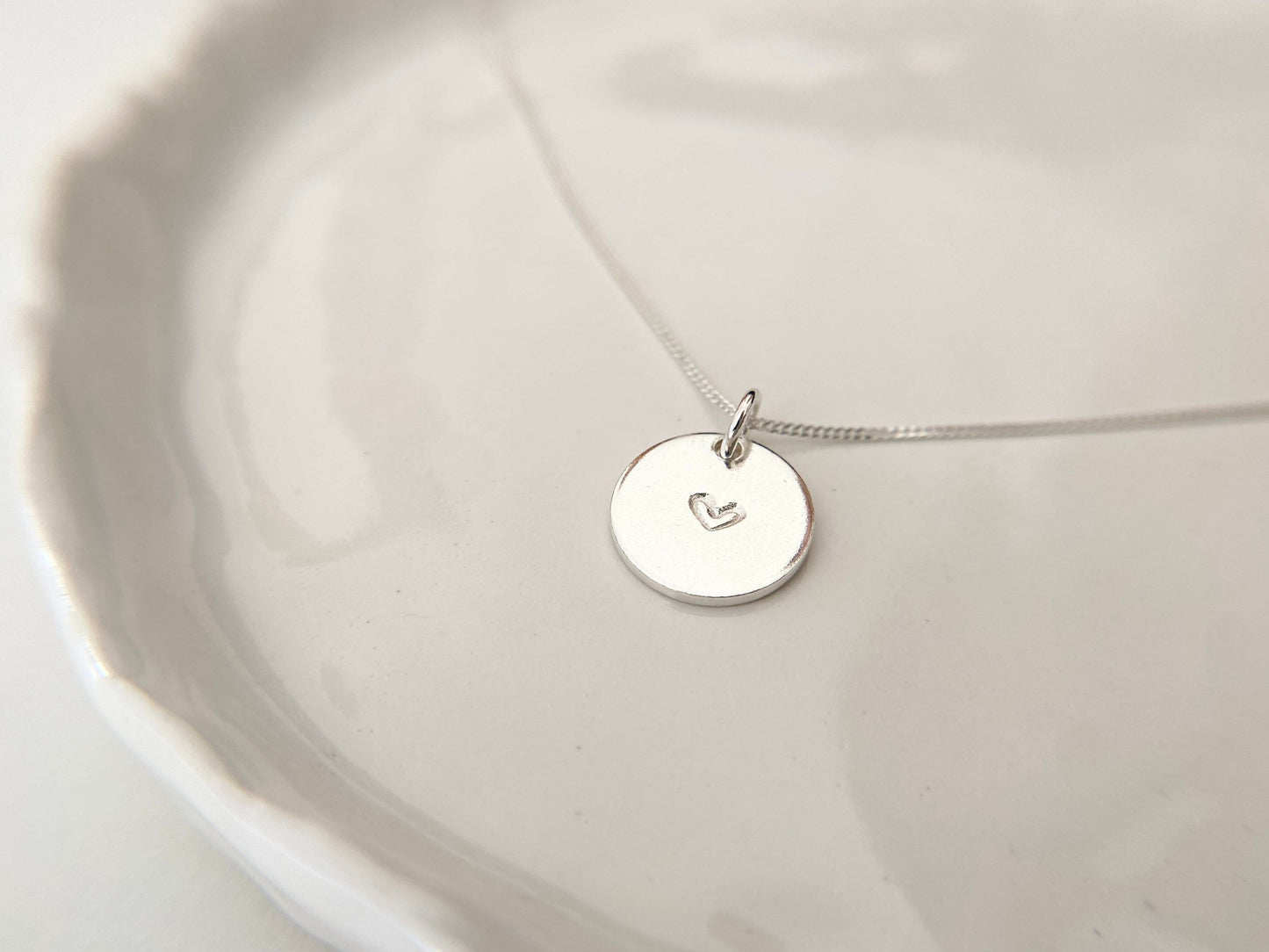 Sterling Silver Heart Stamped Disc Necklace